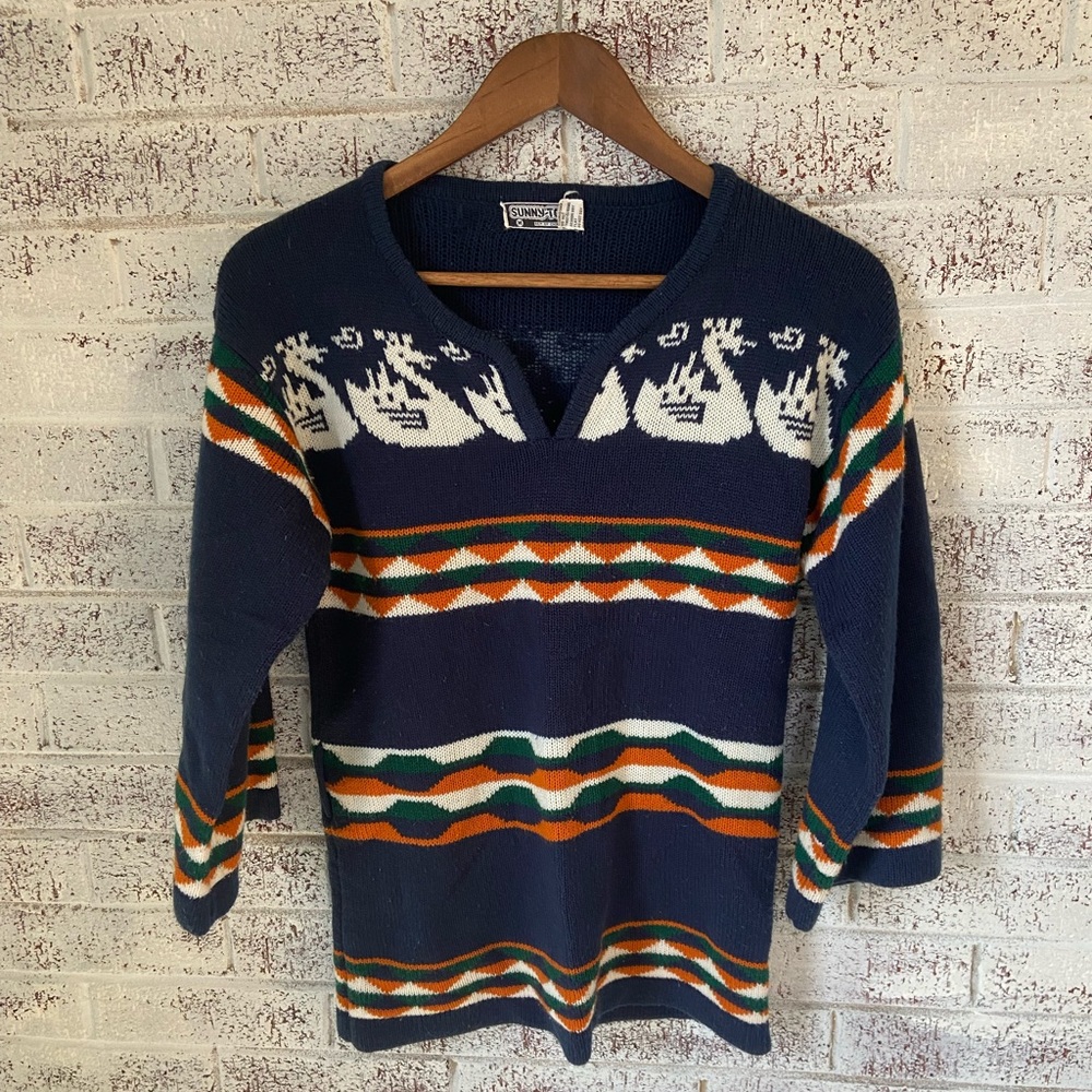 Vintage Blue Sweater with Unique Duck Design